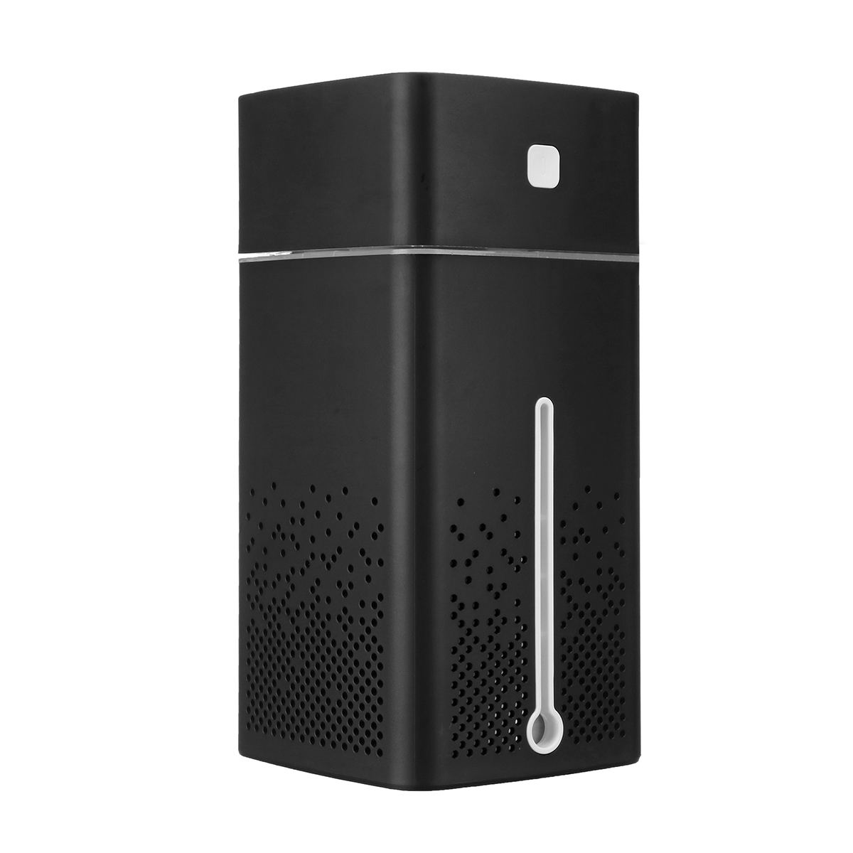 Black electronic device with a white handle on a white background